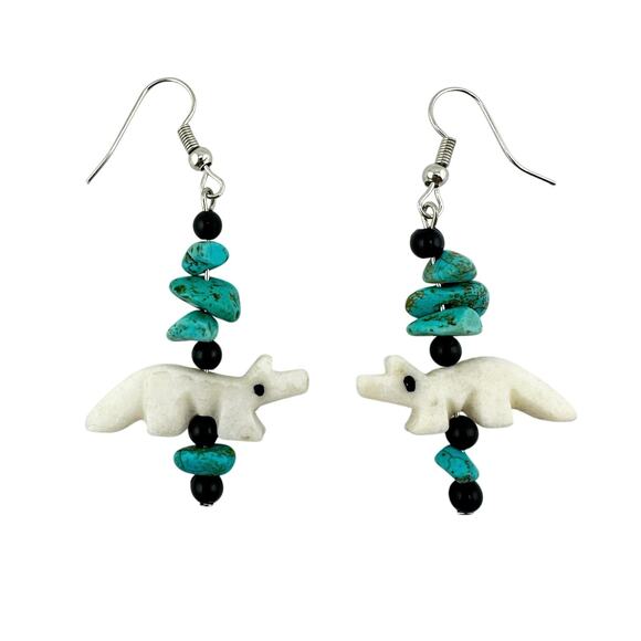 Artisan Jewelry - Handmade Upcycled Vintage Faux Turquoise Carved Wolf Fox Dangle Drop Earrings